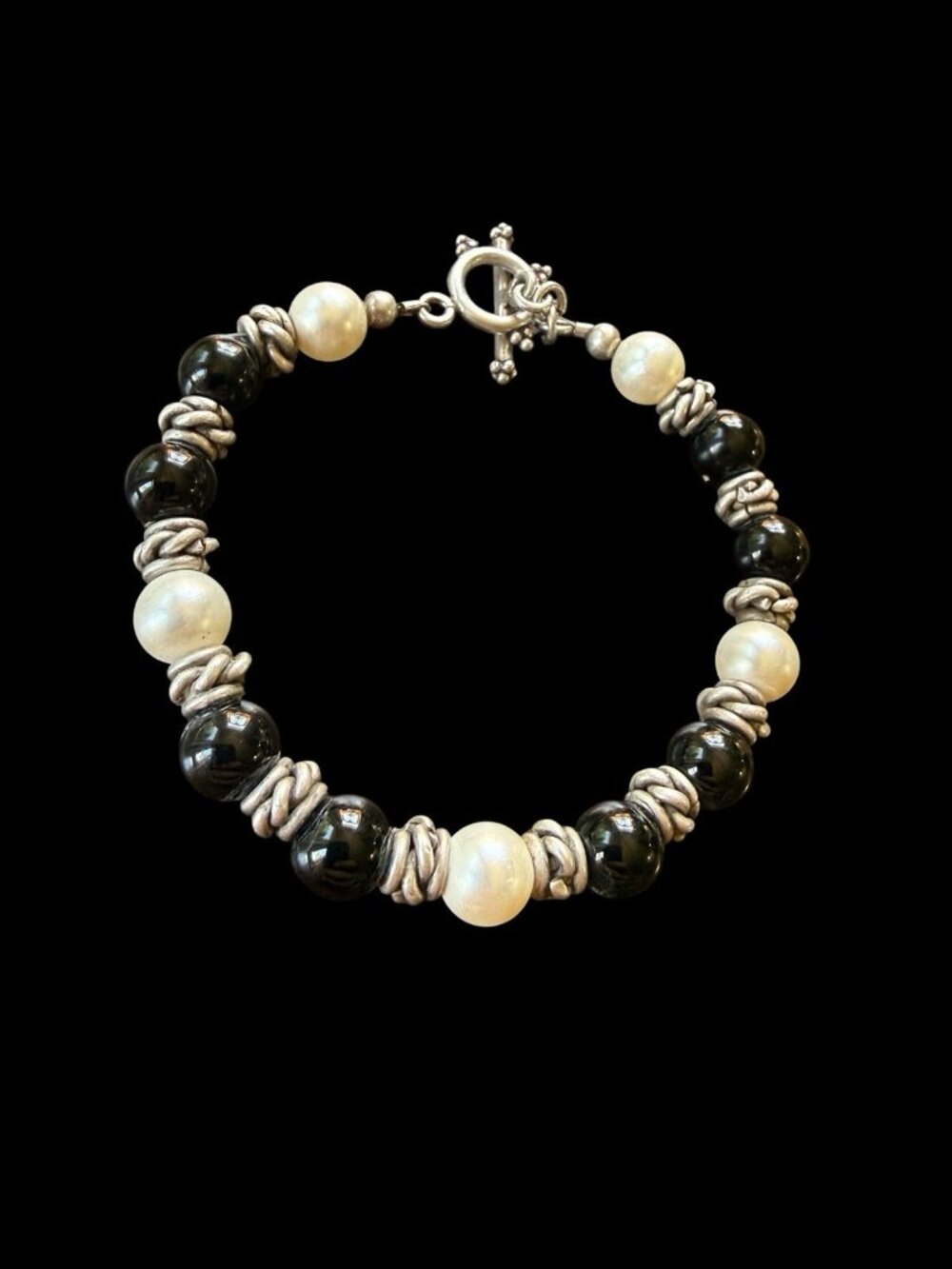 Sterling Silver Black Onyx Pearl Round Beaded Bracelet Toggle Clasp 7.25"
